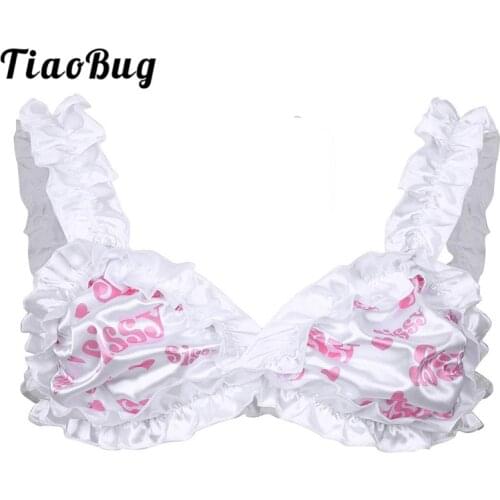 TiaoBug Soft Satin Printed Frilly Ruffled Crossdressing Erotic Sissy Lingerie Elastic Wide Straps Unlined Men Hot Sexy Bra Tops