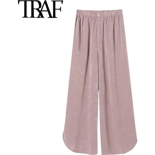 TRAF Women Chic Fashion Soft Touch Wide Leg Pants Vintage High Elastic Waist Side Vents Female Trousers Mujer