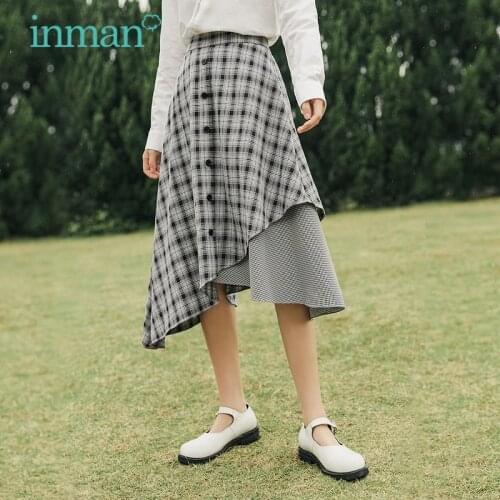 INMAN Irregular Patchwork Korean Fashion Skirt Women Elegant Style Lady Classic Plaid Pattern Button Decoration Female Bottom