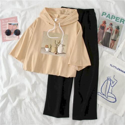 Womens Tracksuit Women Trouser Suits Harajuku Summer Half-sleeved Hooded Sweatshirt Korean Loose Wide-leg Pants Lounge Harajuku