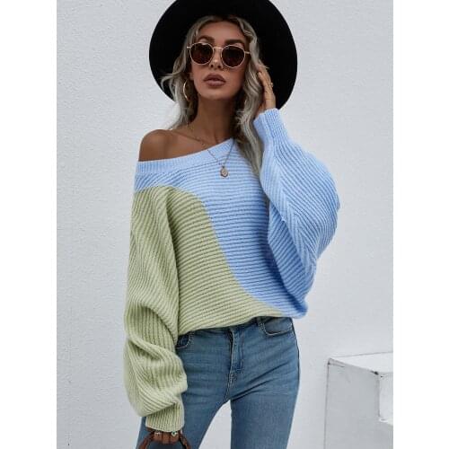 Fashion Autumn Batwing Sleeve Splicing Color Knitted Sweaters O-Neck Tops Loose Cardigan Womens Sweater 2021