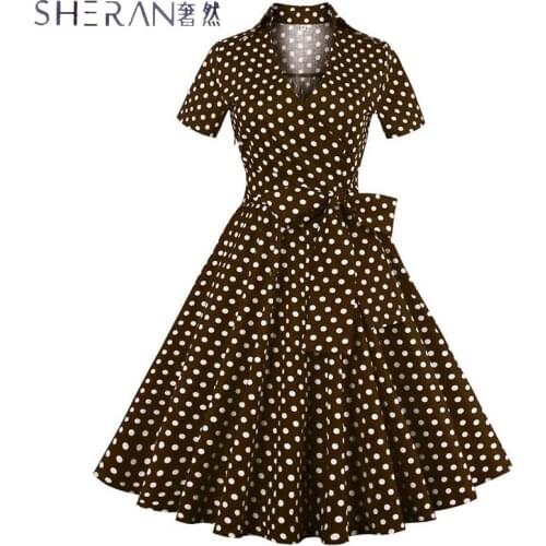 SHERAN Women 50s 60s Vintage Dress Summer Dress 2019 Hepburn Wind Short Sleeved Ladies Lapel Wave Point Big Swing Ladies Dresses