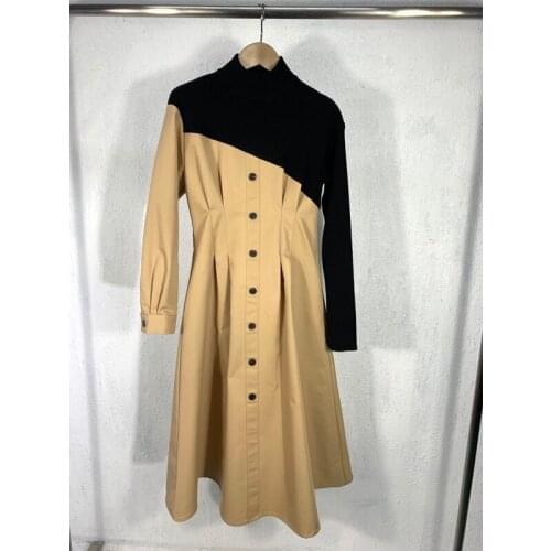 Autumn Winter Fashion 11.20 Contrast Color Patchwork Single Breasted Knit Slim Women Temperament Irregular A-line Dress