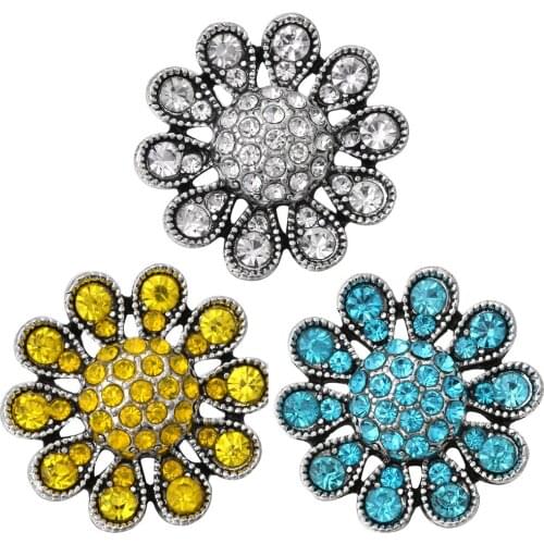 10pcs/lot New Flower Snap Button Jewelry Rhinestone Sun Flower 18mm Metal Snap Buttons Fit Snap Bracelet Bangle Button Jewelry