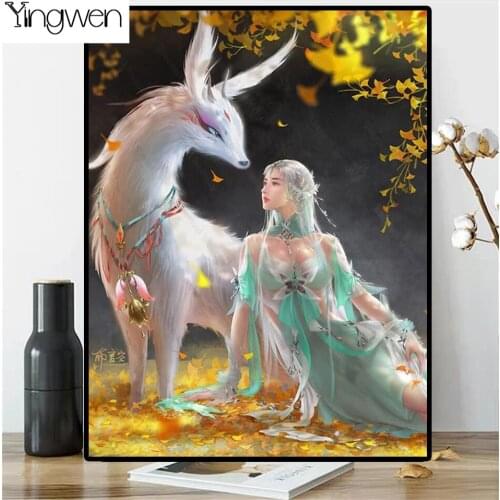 5D DIY Diamond Painting Fairy Golden Leaf Spirit Fox Full Diamond Embroidery Pictures of Rhinestones Mosaic Art Home Decor Gift