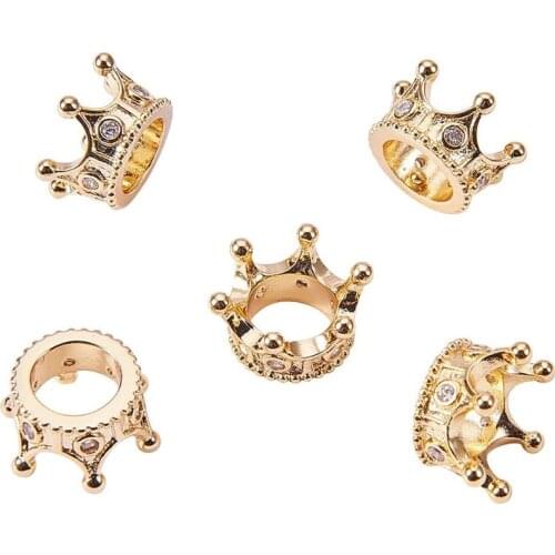 10 Pcs Cubic Zirconia Big Crown Beads Gold Plated Brass Micro Pave King Spacer Bracelet Connector Charm for DIY Jewelry Findings