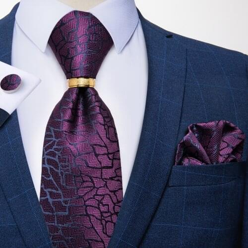 DiBanGu Purple Floral Paisley Silk Tie Pocket Square Cufflinks Neck Tie Ring Set Men Wedding Formal Business Party Necktie