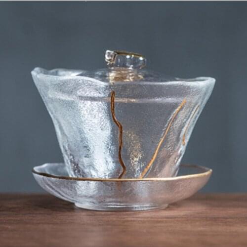 Porcelain Big Tea Bowl Glass Heat-resistant Gaiwan Gold line Teapot for Puer Tea Tureen New Arrival