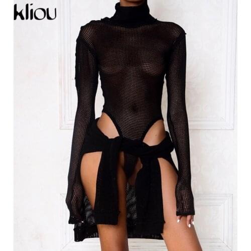 Kliou Hipster Knitted Bodysuit Women Sexy Solid Sheath Side Button Clothing Long Sleeve Turtleneck High Street Club Female Wear