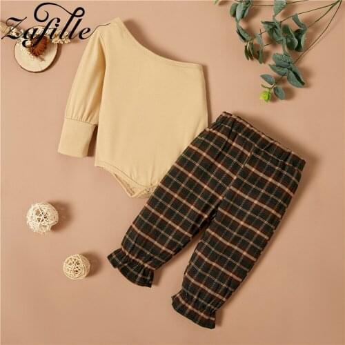 ZAFILLE 1-3Y Stylish Baby Girl Clothes Set Off Shoulder Baby Romper Bodysuit+Plaid Pants 2pcs Suit Kids Clothes Girls Outfits