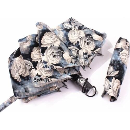 Creative Japanese flower umbrella Rain Woman Windproof retro oil painting rose three folding automatic female umbrellas XYJL-3