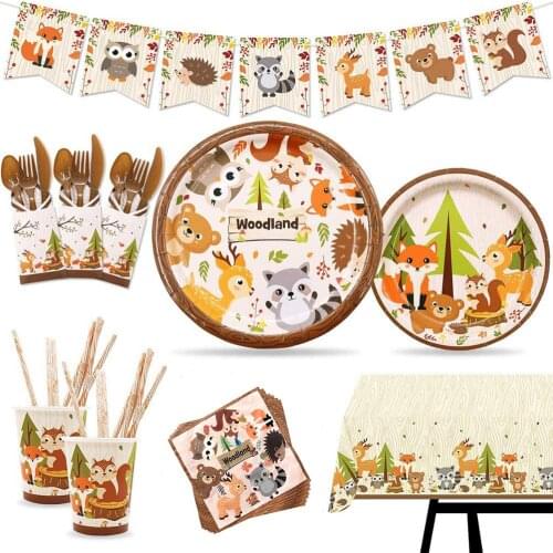 Woodland Theme Party Disposable Tableware Supplies Set Banner Plates Cups Table Cover Birthday Party Baby Shower Decorations