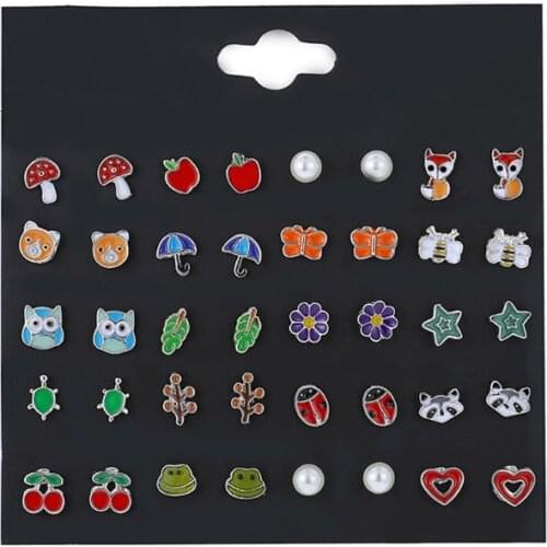 20 Pairs Cute Small Animal Fruit Fox Butterfly Stud Earrings Set For Kids Girl