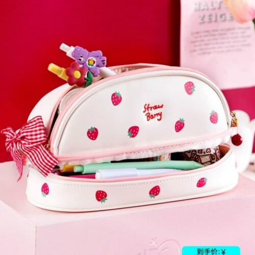 Cute Cartoon Cherry bear Pencil Bag Large Capacity PU Leather Multifunctional Student Pencil Case Stationery School Supplies