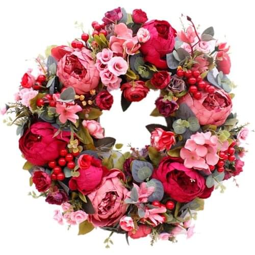 Decorative Door Wreath,Silk Flower Peony Head Flower Wreath 40cm Handmade Garland for Autumn Winter Outdoor Display Red