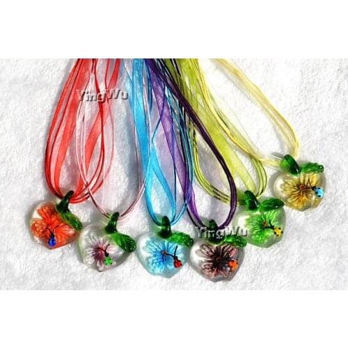 Yingwu Handmade Lampwork Glass Murano Heart Pendant Necklace Elastic Rope Silk Crystal Necklace Trendy Party Jewelry Women 6pcs