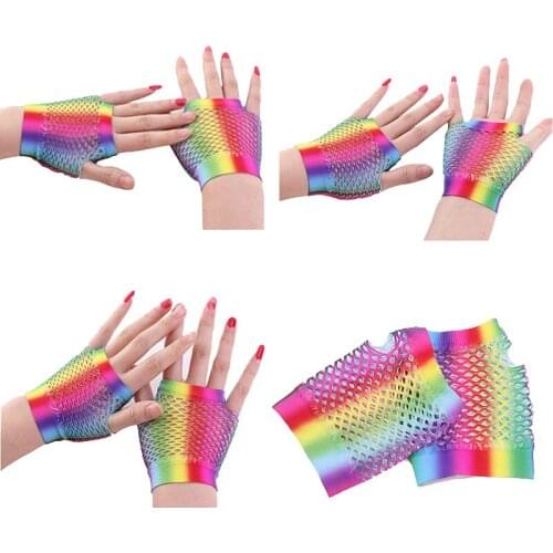 Female FingerlessTouch Screen Mittens Sexy Rainbow Short Fishnet Half Finger Glove Women Elastic Punk Nightclub Dance Gloves H60