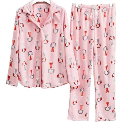 Women Pajama Sets 2019 Autumn Winter Flannel Cartoon Warm Pyjamas Women Homewear Animal Sleepwear Cat female pajama