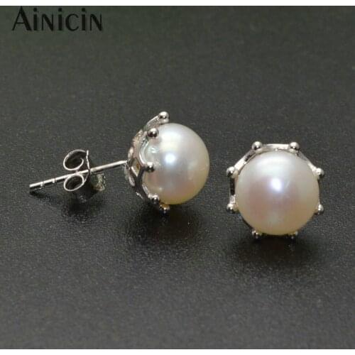 New Fashion Women S925 Sterling Silver Stud Earrings 7mm Natural Nearly Round Pearl Girl Friend Earring Gift Jewelry