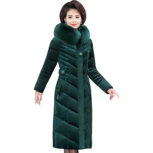 Womens Winter Jackets Gold Velvet Coat Thicke Warm Fur Collar Hooded Long Down Jacket Cotton Padded Parka Female Outerwear M463