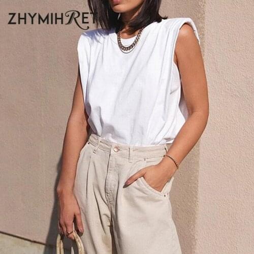 ZHYMIHRET White Loose Padded Shoulder Tank Top Women O Neck Camis 2020 Summer Casual Basic Cotton Tops Female Streetwear