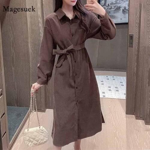 Korean Single-breasted Waist Belt Slim Solid Dress 2020 New Womens Autumn Female Long Sleeve Laple Cardihan Long Dress 12017