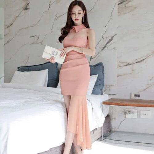 Fashion Summer Korean Casual Midi Streetwear Dress Ladies Elegant Vintage Sexy Sleeveless Perspective Mesh Party Vacation Dress