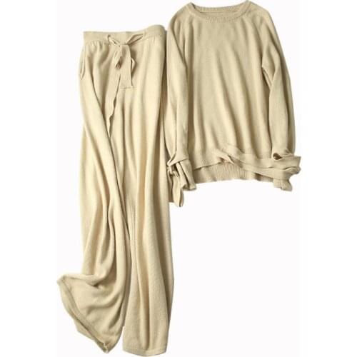 Winter Woolen + Cashmere Knitted warm Suits Velvet Sweater + wide leg Mink Cashmere Trousers Leisure Two-piece suits F785