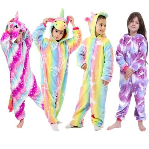 Girls Winter Kigurumi Unicorn Pajamas Colorful Sleepwear for Girls Kids Onesie Flannel Overalls for Toddler Girls Child Pyjama