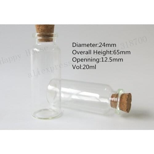 1000 x 20ml Clear Glass Bottle With Wood Cork, 2/3oz Transparent Corked Glass Bottle,Empty Glass Container with Cork,24*65*12.5m