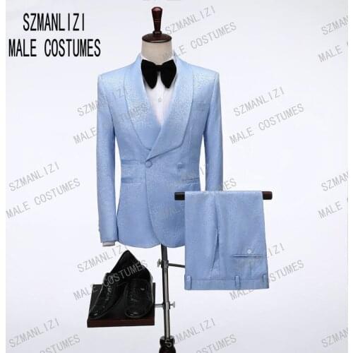 2020 Custom Made Men Suit Slim Fit Men Wedding Suits Sky Blue Shawl Lapel Double Breasted Formal Men Suits 2 Piece Groom Suit