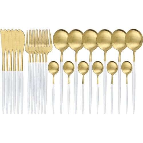 24Pcs White Gold Dinnerware Set 18/10 Stainless Steel Knife Fork Spoon Cutlery Set Kitchen Silverware Flatware Tableware Set