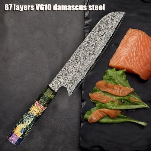 67 Layers Japanese Damascus Steel Chef Knife with Resin Stabilized Wood Handle Santok Knife Slicing Cutter Cooking Kitchen Tool