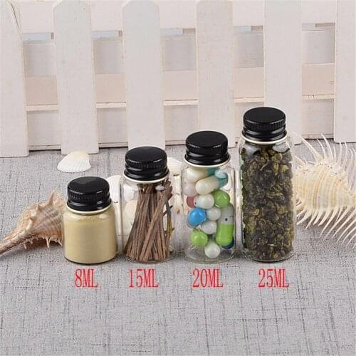 8ml 15ml 20ml 25ml Mini Glass Bottles With Metal Aluminum Screw Black Cap Glass Bottles Weding Gift Jars 100pcs Free Shipping