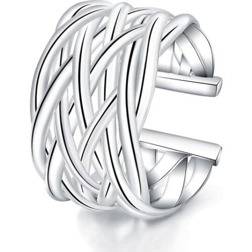 925 Sterling Silver Korean Style Opening Rings Multi-layer Line Cross Rings For Women Charm Jewelry Gift