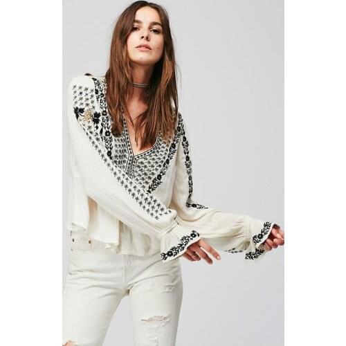 DUISNENA long sleeve boho flare sleeve blouse shirts v-neck women tops white cotton casual mujer camisas spring/autumn blusas