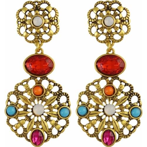 Bohemia Gypsy Retro Gold Hollow Out Flower Fashion Drop Earrings Inlay Red Gem Resin Bead Long Earrings For Women Jewelry