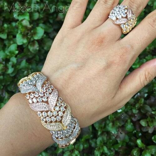 ModemAngel Brand Luxury Flower Design Cubic Zirconia Three colors Bracelets Bangle Ring Set for Women Jewelry Gifts