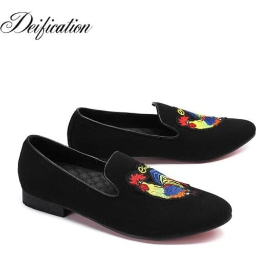 Deification Black Embroidery Casual Loafers Pig Suede Casual Men Flats Slippers Formal Slip On Leather Shoes Men Plus Size 38-46