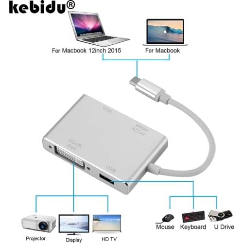 Kebidu 4 in 1 USB3.1 USBC TypeC Male to HDMI-compatible VGA DVI USB 3.0 Adapter Cable for Apple Macbook Chromebook Pixel Laptop