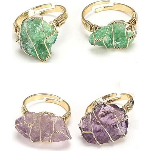 Raw Quartz Healing Crystal Ring Copper Wire Wrapped Irregular Crystal Natural Stone Adjustalble Ring Jewelry for Women