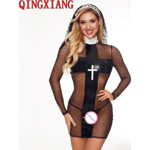 2021 Long Sleeve Uniform Cross Chain PU Sexy Transparent Dress Veil Seductive Set Black Faux Leather Dot Net Nun Cosplay Costume