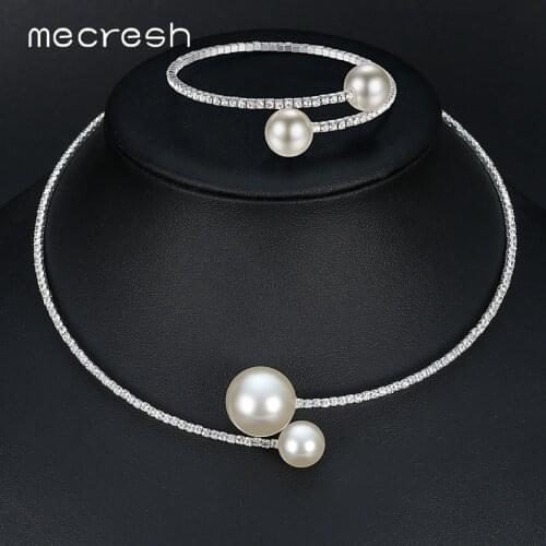 Mecresh Simple Simulated Pearl Bridal Jewelry Sets Crystal Fashion Wedding Jewelry Silver Color Necklace Sets for Women MTL415