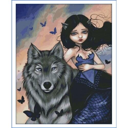 Wolf and girl cross stitch kit 14ct 11ct pre stamped canvas cross stitching animal lover embroidery DIY handmade needlework
