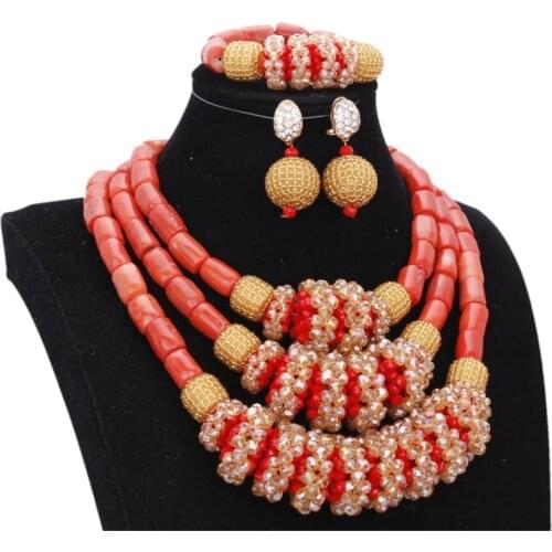 Dudo Nigerian Beads Necklaces Earring Set African Original Coral Beads Jewelry Set With Gold Red Big Balls Bridal Jewellery Set