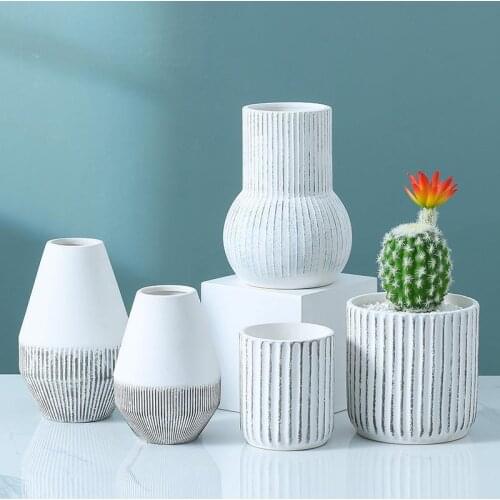 Nordic decoration home White Vertical lines ceramic vase Cactus succulent flower pot desktop office room decor floreros jarrones