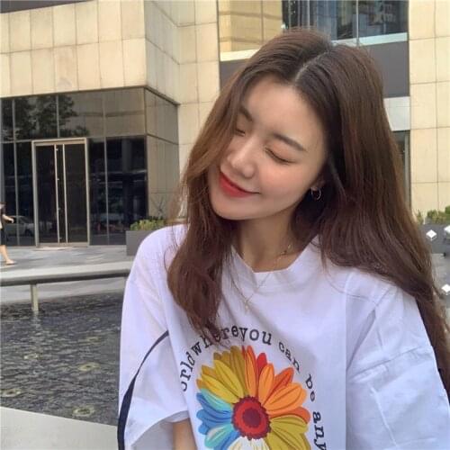 2021 Summer New Korean Version of Pure Cotton Loose Lazy Style T-shirt Womens Short-sleeved Fashion All-match Printed Top