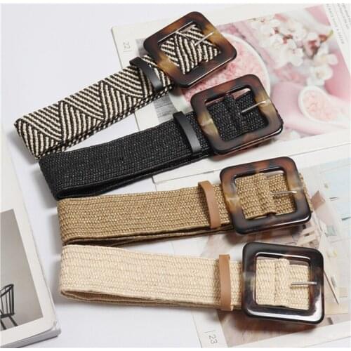 Straw Casual Ultra Wide Belt Woven Vintage Carved Wood Buckle Elastic Belt Straw Weave Belt Decoration Dress Shirt Waist Seal