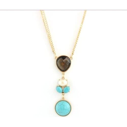 Light Yellow Gold Color Alloy Layer Green Turquoises Stone Pendant Link Chain Necklace Gray Glass Jewelry