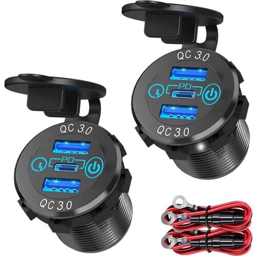 QC 3.0 PD3.0 Triple USB Car Charger 12V 24V 60W USB-C Multiple Fast Charger with Switch for Boat, Truck, RV, Motorcycle